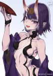  1girl artist_name blue_background bob_cut breasts collarbone commentary cup english_commentary eyebrows_visible_through_hair fang fate/grand_order fate_(series) gradient gradient_background highres horns looking_at_viewer navel oni oni_horns open_mouth patreon_username pointy_ears purple_eyes purple_hair sakazuki short_hair shuten_douji_(fate/grand_order) small_breasts smile solo yo-nashi 