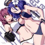  2girls 547th_sy background_text bangs bikini blush breasts brown_eyes dated eyebrows_visible_through_hair flower hair_flower hair_ornament hibiscus highres kantai_collection kinu_(kantai_collection) large_breasts mechanical_halo multiple_girls navel neck_ribbon open_mouth pink_hair purple_bikini purple_hair red_neckwear ribbon sideboob signature simple_background smile sweat swimsuit tatsuta_(kantai_collection) wavy_mouth white_background white_bikini white_flower 
