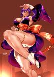  1girl ass ayane_(doa) blood blood_splatter bow bowalia breasts bridal_gauntlets clenched_hand dead_or_alive detached_sleeves fighting_stance geta japanese_clothes jumping large_breasts legs muscle muscular_female ninja ninja_gaiden obi panties pantyshot purple_hair purple_nails red_bow red_eyes sash short_hair socks solo tabi thick_thighs thigh_strap thighs underwear white_panties wide_sleeves 