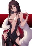  1girl bangs bare_shoulders black-framed_eyewear black_dress black_hair breasts brown_hair center_opening choker cleavage closed_mouth collarbone consort_yu_(fate) cowboy_shot cup dress drinking_glass earrings fate/grand_order fate_(series) feather_boa fur_trim glasses holding jewelry large_breasts long_hair looking_at_viewer multiple_earrings navel no_bra off_shoulder red_eyes revealing_clothes ribbon-trimmed_dress sakanasoko sidelocks solo stomach strapless strapless_dress very_long_hair wine_glass 