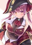  1girl ascot bangs belt blush breasts brooch closed_mouth cravat eyebrows_visible_through_hair gloves hat hololive houshou_marine jewelry large_breasts long_hair looking_at_viewer navel pirate_hat pleated_skirt purple_hair shirt skirt smile solo sumisaki_yuzuna twintails virtual_youtuber white_gloves 
