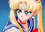  1girl bangs bishoujo_senshi_sailor_moon blonde_hair blue_eyes blue_sailor_collar blush breasts choker circlet cleavage collarbone crescent crescent_earrings derivative_work earrings hair_over_shoulder heart heart_choker highres jewelry long_hair meme red_choker sailor_collar sailor_moon sailor_moon_redraw_challenge sailor_senshi_uniform screencap_redraw solo tsukino_usagi twintails upper_body zillionaire 