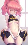  1girl anya_alstreim ass_visible_through_thighs bare_shoulders blush breasts center_opening code_geass commentary_request cowboy_shot eyebrows_visible_through_hair highres lifted_by_self looking_at_viewer medium_breasts pink_hair red_eyes solo tatuyayosi thighhighs turtleneck underboob 