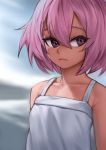  1girl bad_id bad_twitter_id blue_background blurry blurry_background bob_cut closed_mouth depth_of_field dress hair_between_eyes looking_to_the_side original pink_hair purple_eyes short_hair solo sundress upper_body white_dress zakusi 