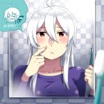  1girl ahoge bathroom breasts caffein holding_toothbrush long_hair mask mirror mouth_mask pimple red_eyes silver_hair solo toothbrush upper_body vocaloid voyakiloid yowane_haku 
