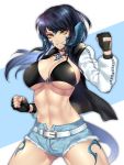  1girl ass_visible_through_thighs belt bikini bikini_top breasts cleavage clenched_hands collar commission cowboy_shot cutoffs dark_blue_hair denim denim_shorts fingerless_gloves fist_pump gloves grin heart_collar highres horns jacket large_breasts looking_at_viewer midriff muscle muscular_female nasaniliu navel open_clothes open_jacket original short_shorts shorts simple_background smile solo swimsuit tail thick_thighs thighs underboob yellow_eyes 