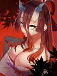  1girl bangs bare_shoulders breasts brown_hair claws cleavage closed_mouth collarbone facial_mark fate/grand_order fate/requiem fate_(series) gradient_hair hair_between_eyes hand_on_own_chest horns japanese_clothes kijo_kouyou_(fate) kimono large_breasts leaf lipstick long_hair long_sleeves looking_at_viewer makeup maple_leaf multicolored_hair obi off_shoulder pokupoku_(yamanashi_yuuya) red_background red_lips sash slit_pupils very_long_hair white_kimono yellow_eyes 