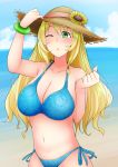  1girl atago_(kantai_collection) beach bikini blonde_hair blue_bikini blue_sky breasts cleavage cloud collarbone commentary_request cowboy_shot day flower green_eyes hat highres horizon kantai_collection large_breasts long_hair looking_at_viewer ocean one_eye_closed outdoors rikkii_(likito_yuzu_is) side-tie_bikini sky solo straw_hat sun_hat sunflower swimsuit 