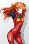  1girl absurdres blue_eyes bodysuit breasts brown_hair contrapposto cowboy_shot eyepatch floating_hair hand_in_hair hand_on_hip headgear highres huge_filesize long_hair looking_at_viewer neon_genesis_evangelion parted_lips plugsuit red_bodysuit shikinami_asuka_langley shiny shiny_clothes shiny_hair small_breasts solo souryuu_asuka_langley standing very_long_hair yumemo 