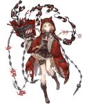  1girl animal_hood blonde_hair book bookmark boots brown_dress chain corset dress frilled_dress frilled_sleeves frills full_body hood hood_up hooded_jacket jacket ji_no little_red_riding_hood_(sinoalice) long_hair looking_at_viewer official_art orange_eyes sinoalice solo thigh_strap torn_clothes transparent_background wide_sleeves 