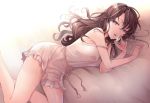  1girl bangs bare_arms bare_shoulders blue_eyes bottle breasts brown_hair dress earrings feet_out_of_frame highres holding ichinose_shiki idolmaster idolmaster_cinderella_girls jewelry large_breasts long_hair looking_at_viewer lying nightgown null_(chronix) on_bed on_side parted_lips perfume_bottle sash sleeveless solo strap_slip stud_earrings white_dress 