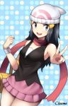  1girl :d artist_name black_hair blue_background blush cleome94 cowboy_shot grey_eyes hair_ornament hat highres hikari_(pokemon) long_hair looking_at_viewer miniskirt open_mouth outstretched_arm pink_skirt pokemon pokemon_(game) pokemon_dppt print_headwear red_scarf scarf shiny shiny_hair skirt sleeveless smile solo standing v white_headwear 
