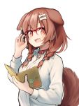  1girl animal_ears bespectacled blush bone_hair_ornament book braid brown_eyes brown_hair collar commentary_request dog_collar dog_ears dog_tail fang glasses hair_between_eyes highres holding holding_book holding_pencil hololive inugami_korone looking_at_viewer medium_hair open_mouth pencil simple_background skin_fang solo tail tamasa_yamoto twin_braids upper_body virtual_youtuber white_background 