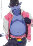  anthro belly blue_tongue blush bulge clothing dragon ear_piercing finger_claws front_view fur furred_dragon hand_in_pocket hi_res holding_clothing horn lgbt_pride male multicolored_clothing multicolored_underwear navel one_eye_closed overweight overweight_male piercing pink_clothing pockets portrait pride_colors rainbow_clothing rainbow_underwear samaraka simple_background solo three-quarter_portrait tongue tongue_out underwear white_background wingless_dragon 