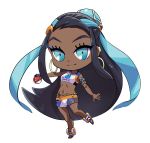  1girl armlet black_hair blue_eyes blue_hair chibi closed_mouth dark_skin earrings eyeliner full_body gloves gym_leader highres holding holding_poke_ball hoop_earrings hyuuganatsu jewelry long_hair looking_at_viewer makeup multicolored_hair navel necklace number partly_fingerless_gloves poke_ball poke_ball_(generic) pokemon pokemon_(game) pokemon_swsh rurina_(pokemon) simple_background single_glove smile solo swimsuit tankini two-tone_hair very_long_hair white_background 