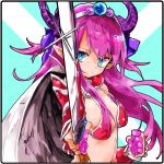  1girl armor bangs bikini_armor black_hairband blue_eyes breasts cape clenched_hand dragon_horns elizabeth_bathory_(brave)_(fate) elizabeth_bathory_(fate)_(all) eyebrows_visible_through_hair fate/grand_order fate_(series) hair_ribbon hairband horns jamir long_hair oversized_clothes pauldrons pink_hair pointy_ears purple_horns purple_ribbon red_armor ribbon sideboob small_breasts solo white_cape 