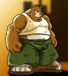  2008 anthro belly blush bottomwear brown_body brown_fur clothing fur humanoid_hands kemono male mammal mind_drive mizuse_higomaru overweight overweight_male pants shirt solo topwear ursid 