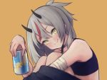  1girl bandages beige_background blush can closed_mouth grey_hair hair_between_eyes holding holding_can horns looking_at_viewer morikokko multicolored_hair oni oni_horns oniko ponytail red_hair simple_background sitting smile solo streaked_hair tamasa_yamoto two-tone_hair virtual_youtuber yellow_eyes 