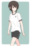  1girl brown_eyes brown_hair emblem girls_und_panzer gym_uniform kuromorimine_(emblem) mutsu_(layergreen) nishizumi_maho shirt short_hair short_shorts shorts simple_background solo t-shirt walking 