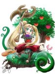  1girl blonde_hair blue_flower blush_stickers bracer chamaji commentary_request dress flower food fruit grass high_ponytail holding holding_staff kid_icarus kid_icarus_uprising laurel_crown leggings long_hair looking_at_viewer mario_(series) nachure open_mouth open_toe_shoes piranha_plant plant rafflesia_(flower) short_sleeves signature smile solo staff tree very_long_hair vines white_background 