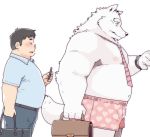  2020 anthro belly black_nose blood bodily_fluids bottomwear canid canine canis clothing duo fur garouzuki human humanoid_hands kemono male male/male mammal moobs necktie nipples nosebleed overweight overweight_male pants phone shirt topwear underwear white_body white_fur wolf 