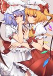 2girls absurdres ascot bangs bat_wings blonde_hair blue_hair bow cowboy_shot crystal dress english_commentary eyebrows_visible_through_hair eyes_visible_through_hair flandre_scarlet frilled_shirt_collar frills hair_between_eyes hand_up hat hat_bow hat_ribbon highres looking_at_viewer mob_cap multiple_girls one_side_up puffy_short_sleeves puffy_sleeves rayrie red_bow red_dress red_eyes red_ribbon red_skirt remilia_scarlet ribbon short_hair short_sleeves siblings sidelocks simple_background sisters skirt standing tongue tongue_out touhou white_headwear wings wrist_cuffs yellow_neckwear 