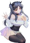  1girl bangs bare_shoulders black_hair black_legwear blush breasts choker cleavage closed_mouth collarbone contemporary cup disposable_cup dress drinking drinking_straw earrings fate/grand_order fate_(series) hair_ornament hairclip highres hoop_earrings ishtar_(fate)_(all) ishtar_(fate/grand_order) jewelry kernel_killer long_hair long_sleeves looking_at_viewer medium_breasts off_shoulder parted_bangs puffy_long_sleeves puffy_sleeves red_eyes simple_background sitting smile thighs two_side_up white_background white_dress 