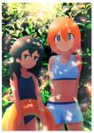  2girls absurdres ahoge arms_behind_back bare_arms black_hair blue_eyes blue_swimsuit border bright_pupils check_copyright chromatic_aberration closed_mouth commentary_request copyright_request cowboy_shot dappled_sunlight day expressionless hair_ornament hairclip highres holding holding_innertube inami_hatoko innertube long_hair looking_at_viewer midriff multiple_girls navel one-piece_swimsuit orange_hair original outdoors short_hair smile summer sunlight swimsuit tankini white_border white_pupils 