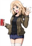  1girl :d black_shirt blonde_hair blue_eyes blue_shorts brown_jacket commentary cowboy_shot cup denim denim_shorts disposable_cup emblem eyebrows_visible_through_hair girls_und_panzer hair_intakes highres holding holding_cup jacket kay_(girls_und_panzer) long_hair long_sleeves looking_at_viewer micro_shorts military military_uniform motion_lines omachi_(slabco) open_clothes open_jacket open_mouth saunders_military_uniform shirt shorts smile solo standing star_(symbol) thighhighs uniform waving white_legwear 