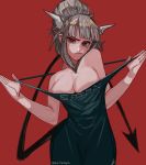  1girl absurdres adjusting_strap apron bare_shoulders black_apron black_tail breasts demon_horns demon_tail english_text expressionless frown grey_hair helltaker highres horns large_breasts looking_at_viewer lucifer_(helltaker) mole mole_under_eye naked_apron pentagram red_background red_eyes savadava sidelocks tail tied_hair white_horns 