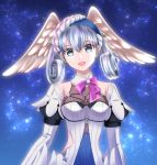  1girl blue_eyes curly_hair head_wings kakiko210 long_sleeves melia o-ring open_mouth puffy_sleeves silver_hair solo upper_body xenoblade_(series) xenoblade_1 xenoblade_1:_tsunagaru_mirai 