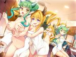  4girls :o basket breast_grab breasts brown_horns ceiling changing_room cleavage deep_skin drinking dutch_angle fuuko_(sennen_sensou_aigis) grabbing green_eyes green_hair groping hand_on_hip highres horns indoors kuuko_(sennen_sensou_aigis) long_hair milk multiple_girls navel pointy_ears purple_eyes ramii_(sennen_sensou_aigis) remii sack sennen_sensou_aigis sidelocks sitting taicho128 twintails white_horns 