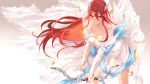  1girl bangs bare_shoulders blush bow_(weapon) breasts bride cait closed_mouth cordelia_(fire_emblem) dress fire_emblem fire_emblem_awakening fire_emblem_heroes frills hair_ornament highres leaning_forward long_hair looking_at_viewer medium_breasts red_eyes red_hair smile very_long_hair weapon wedding_dress white_dress 