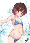  1girl bikini blue_bikini brown_hair collarbone commentary_request cowboy_shot gradient_hair groin kantai_collection looking_at_viewer multicolored_hair mutsuki_(kantai_collection) navel outstretched_arms red_eyes red_hair short_hair smile solo standing swimsuit white_background yanagi_wakana 