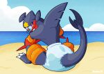  2018 beach blush cloud diaper fin floatie floaties furgonomics garchomp mega_evolution mega_garchomp nintendo outside pacifier pok&eacute;mon pok&eacute;mon_(species) sand sea seaside shambles sitting sky solo video_games water 