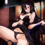  1girl absurdres alcohol black_hair breasts cameltoe ei1han highres large_breasts panties red_eyes skirt skirt_lift solo thick_thighs thighs underwear 