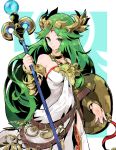  1girl armlet bare_shoulders bracelet bracer breasts circlet closed_mouth dress goddess gold green_eyes green_hair holding holding_staff jamir jewelry kid_icarus looking_at_viewer medium_breasts neck_ring necklace palutena shield solo staff strapless strapless_dress thighhighs tiara white_dress white_legwear zettai_ryouiki 