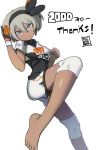  1girl bangs barefoot black_hairband bodysuit_under_clothes breasts closed_mouth dark_skin eyebrows_visible_through_hair frown gloves grey_hair gym_leader hair_between_eyes hairband highres knee_pads leg_up mahito pokemon pokemon_(game) pokemon_swsh saitou_(pokemon) short_hair short_sleeves shorts silver_eyes single_glove small_breasts solo toenails tsurime two-tone_gloves v-shaped_eyebrows wristband 