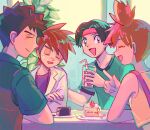  1girl 3boys :d brock_(pokemon) brown_hair cake cake_slice closed_eyes closed_mouth commentary_request cup drinking_straw food gary_oak glass green_shirt headband holding holding_cup itome_(funori1) labcoat misty_(pokemon) multiple_boys one_side_up open_mouth plate pokemon pokemon_(anime) pokemon_(classic_anime) purple_shirt shirt short_hair short_sleeves smile spiked_hair suspenders sweatdrop t-shirt table tongue tracey_sketchit vest yellow_shirt 
