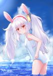  1girl animal_ears ass azur_lane bare_shoulders blue_sky blush breasts bunny_ears cloud day eyebrows_visible_through_hair fake_animal_ears hair_between_eyes hair_ornament hairband laffey_(azur_lane) long_hair looking_at_viewer m_ko_(maxft2) ocean old_school_swimsuit open_mouth red_eyes school_swimsuit silver_hair sky small_breasts solo swimsuit thighs twintails very_long_hair white_school_swimsuit white_swimsuit 