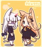  2girls abigail_williams_(fate/grand_order) animal_ears bangs black_bow black_dress blonde_hair blue_eyes blush bow breasts cat_ears cat_tail dress fang fate/grand_order fate_(series) forehead hair_bow horn lavinia_whateley_(fate/grand_order) long_hair long_sleeves looking_at_viewer multiple_bows multiple_girls open_mouth orange_bow pale_skin parted_bangs polka_dot polka_dot_bow purple_eyes ribbed_dress sleeves_past_fingers sleeves_past_wrists small_breasts smile tail white_bloomers white_hair wide-eyed yellow_background yoru_nai 