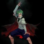  1girl black_background blue_shorts cape closed_mouth glowing glowing_eyes green_eyes green_hair hair_between_eyes hand_up inishie_kumo long_sleeves looking_at_viewer one_eye_closed pose puffy_short_sleeves puffy_sleeves red_cape short_hair short_over_long_sleeves short_sleeves shorts smile solo standing torn_cape torn_clothes touhou wriggle_nightbug 