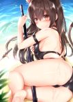  1girl animal_ears aokabi_(aokabic) arknights arm_strap artist_name ass bangs bare_arms bare_legs bare_shoulders barefoot black_choker black_swimsuit blush breasts brown_eyes brown_hair cat_ears cat_tail choker commentary_request eyebrows_visible_through_hair hair_between_eyes hand_up highres long_hair looking_at_viewer lying medium_breasts o-ring o-ring_swimsuit on_side one-piece_swimsuit partial_commentary skyfire_(arknights) solo swimsuit tail tears thighs twitter_username 