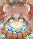  1girl :3 animal_ear_fluff animal_ears artist_request cat_paws commentary commentary_request fate/grand_order fate_(series) fox_ears fox_girl gloves hair_ribbon holding long_hair looking_at_viewer paw_gloves paws pink_hair ponytail red_ribbon ribbon saint_quartz solo stellated_octahedron tamamo_(fate)_(all) tamamo_cat_(fate) yellow_eyes 