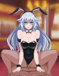  1boy 1girl animal_ears aqua_eyes bare_shoulders black_heart black_leotard bouncing_breasts bow bowtie breasts bunnysuit cleavage cowgirl_position dark_skin dark_skinned_male detached_collar fake_animal_ears fishnet_legwear fishnets hair_between_eyes leotard long_hair looking_at_viewer neptune_(series) nyamota pantyhose power_symbol straddling symbol-shaped_pupils vaginal white_hair wrist_cuffs 