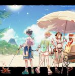  1girl 2boys absurdres alternate_costume arknights barbecue beach black_hair blue_sky brown_hair commentary_request demon_horns faust_(arknights) food grill grilling high_heels highres holding_tail horns ifrit_(arknights) jacket kebab kkr_lm mephisto_(arknights) multiple_boys ore_lesion_(arknights) pointy_ears roller_skates sandals see-through shorts skates sky tail umbrella volcano white_hair 
