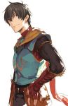  1boy arash_(fate) armor bangs black_eyes black_hair closed_mouth dark_skin dark_skinned_male fate/grand_order fate/prototype fate/prototype:_fragments_of_blue_and_silver fate_(series) fingerless_gloves from_side gloves hair_between_eyes hand_on_hip long_sleeves looking_at_viewer male_focus pako pants scarf shiny shiny_hair smile solo upper_body white_background yellow_scarf 
