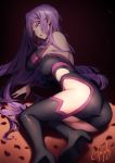  1girl ass bangs bare_shoulders black_dress black_footwear boots breasts detached_sleeves dress facial_mark fate/stay_night fate_(series) forehead forehead_mark high_heel_boots high_heels highres kyouya_(mukuro238) large_breasts legs long_hair looking_at_viewer open_mouth parted_bangs purple_eyes purple_hair rider short_dress thigh_boots thighhighs very_long_hair 