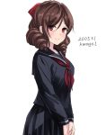  1girl alternate_costume black_serafuku black_shirt black_skirt blush bow breasts brown_hair drill_hair hair_bow hair_ornament harukaze_(kantai_collection) kantai_collection long_hair long_sleeves looking_at_viewer pleated_skirt red_bow red_eyes red_neckwear school_uniform serafuku shirt simple_background skirt smile solo twin_drills twitter_username u0709 white_background 