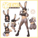  1girl abs absurdres animal_ears artist_name ass bangs black_footwear black_legwear boots bottle breasts bunny_ears bunny_girl bunny_tail character_name closed_eyes closed_mouth collarbone crop_top emi_(fizintine) eyebrows_visible_through_hair facing_viewer fizintine full_body fur-trimmed_jacket fur_trim hand_on_hip highres holding holding_bottle jacket large_breasts long_sleeves looking_at_viewer looking_away mechanical_arm open_mouth original pantyhose pointing pointing_at_self short_hair short_shorts shorts smile solo swept_bangs tail tall_female tan upper_body water_bottle 